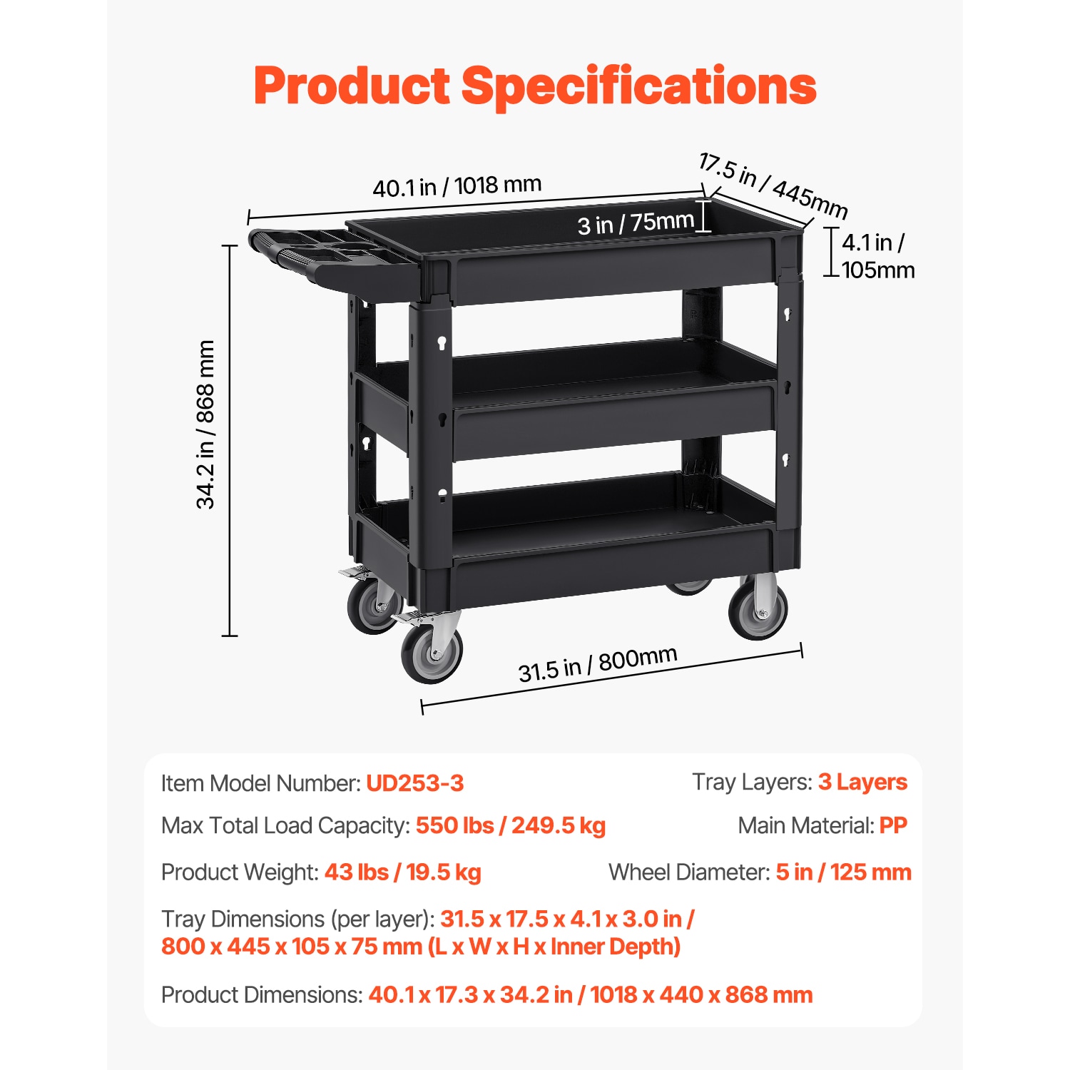 Heavy Duty 3-tier Rolling Utility Cart With Swivel Wheels_voghion.com